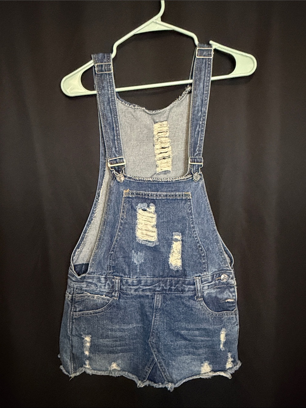 Denim Distressed Short Overalls Romper - Blue